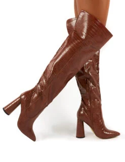 Hometown Wide Fit Tan Croc Over The Knee Heeled Boots -Boots Store 0000 HOMETOWN TAN PU 0474c078 fb68 4dec a95b 457d60504c04