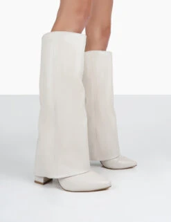 Boots Store 19 Zendaya Ecru Pointed Toe Knee High Block Boots