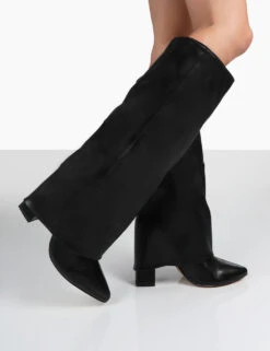 Zendaya Black Pointed Toe Knee High Block Boots -Boots Store 000126