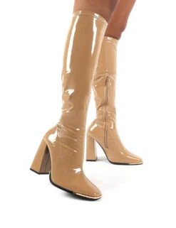 Caryn Camel Vinyl Wide Fit Knee High Heeled Boot -Boots Store 0001 CARYNWF CAMEL PU3