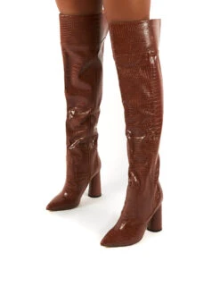 Hometown Wide Fit Tan Croc Over The Knee Heeled Boots -Boots Store 0001 HOMETOWN TAN PU3 90e2bde4 6458 49d1 a476 befadf300116