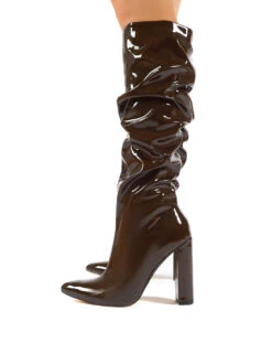 Yours Chocolate Wide Fit Patent Heeled Knee High Block Boots -Boots Store 0001 YOURSWF CHOC PU3