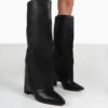 Zendaya Black Pointed Toe Knee High Block Boots