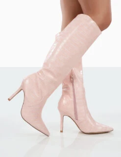 Rosalie Wide Fit Pink Croc Heeled Pointed Toe Knee High Boots -Boots Store 0002 68a9d34b 58da 4ace ac84 afd4623ace7c