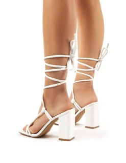 Lois Wide Fit White Strappy Lace Up Block High Heels -Boots Store 0002 lois wf white pu 2