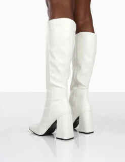 Apology White Pu Knee High Block Heel Boots -Boots Store 000321