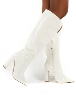 Slow White Snake Wide Fit Knee High Block Heel Boots -Boots Store 0003 SLOWWF WHITE PU