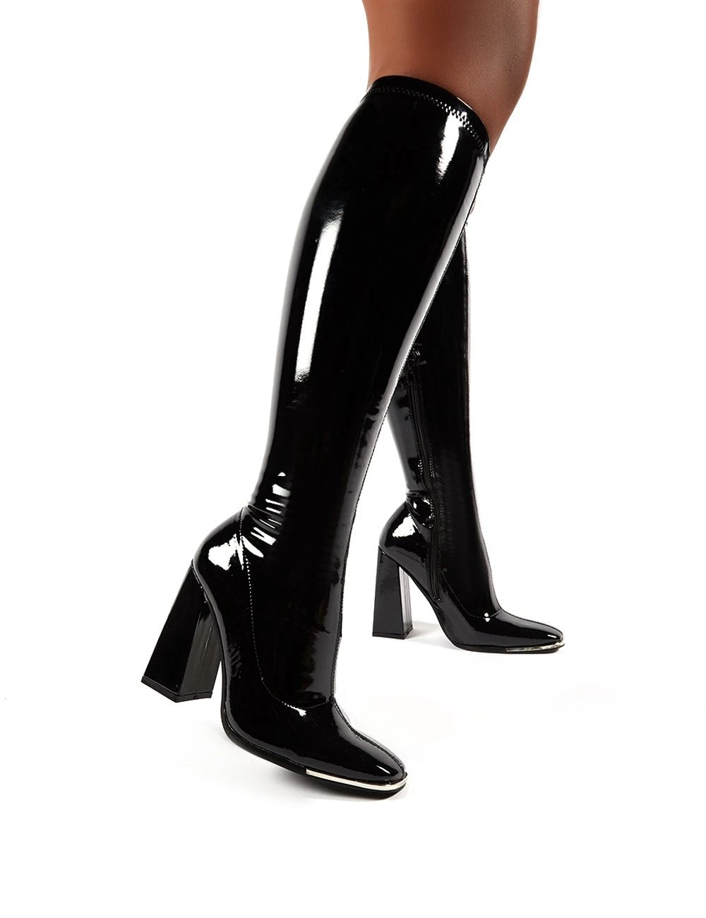 Caryn Black Vinyl Wide Fit Block Heeled Knee High Boots - Image 4