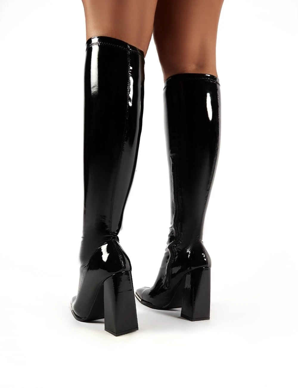 Caryn Black Vinyl Wide Fit Block Heeled Knee High Boots - Image 2
