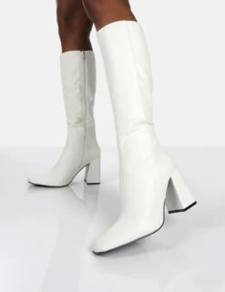 Apology White Pu Knee High Block Heel Boots -Boots Store 000431
