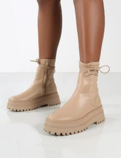 Finale Wide Fit Nude Chunky Sole Ankle Wrap Boots -Boots Store 0004 FINALE NUDE PU 3