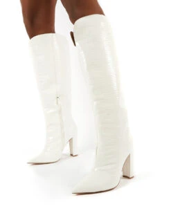 Slow White Snake Wide Fit Knee High Block Heel Boots -Boots Store 0004 SLOWWF WHITE PU3
