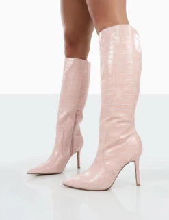 Rosalie Wide Fit Pink Croc Heeled Pointed Toe Knee High Boots -Boots Store 00062 9fc6ba1a ced0 4470 9e70 940ae8648a51