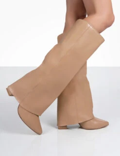 Zendaya Nude Pointed Toe Knee High Block Boots -Boots Store 00075