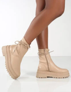 Finale Wide Fit Nude Chunky Sole Ankle Wrap Boots -Boots Store 0007 FINALE NUDE PU