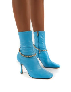 Sacci Blue Wide Fit Chain Detail Square Toe Stiletto Heel Ankle Boots