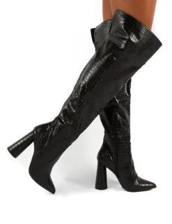 Hometown Wide Fit Black Croc Over The Knee Heeled Boots -Boots Store 0008 HOMETOWN BLK PU c7635997 2d4d 4784 80a4 77daed238cc0