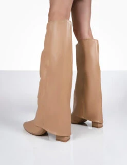 Zendaya Nude Pointed Toe Knee High Block Boots -Boots Store 00093