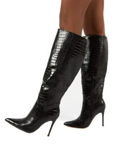Go Wide Fit Black Knee High Pointed Toe Stiletto Heeled Boots -Boots Store 0009 GOWF BLK PU3