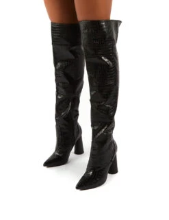 Hometown Wide Fit Black Croc Over The Knee Heeled Boots -Boots Store 0009 HOMETOWN BLK PU3 f75f2f5f a378 4b83 8bed ecf031ae20a9