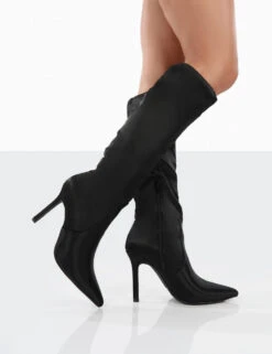Best Believe Black Satin Pointed Toe Stiletto Heeled Knee High Boots -Boots Store 00121 813646f4 ebab 4be4 8f46 25164b4ad529