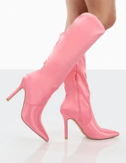 Best Believe Pink Satin Pointed Toe Stiletto Heeled Knee High Boots -Boots Store 00132