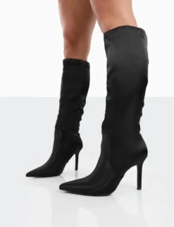 Best Believe Black Satin Pointed Toe Stiletto Heeled Knee High Boots -Boots Store 00151 784e0049 ee63 4973 8a53 0d9dfc0a4be8