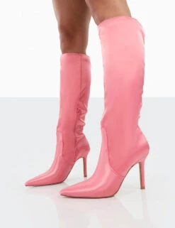 Best Believe Pink Satin Pointed Toe Stiletto Heeled Knee High Boots -Boots Store 00161 7b570204 042a 40bd 9876 40afc63469b2