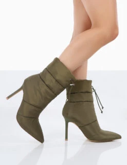 Kenza X Public Desire Reset Green Nylon Stiletto Padded Heeled Ankle Boots -Boots Store 0044