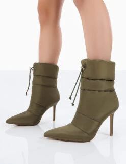 Kenza X Public Desire Reset Green Nylon Stiletto Padded Heeled Ankle Boots -Boots Store 0046