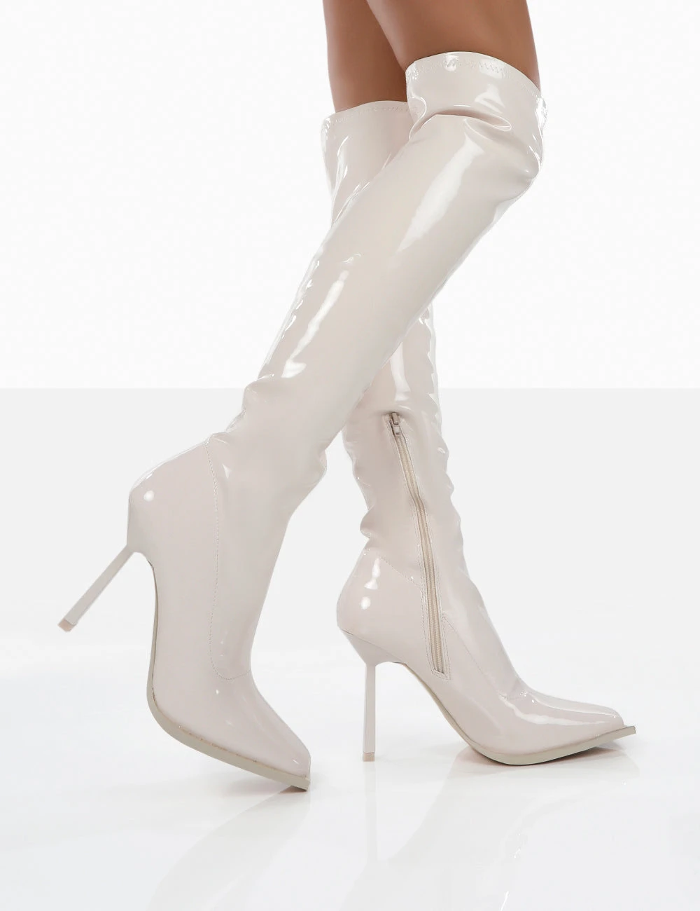 Jenine Ecru Patent Over The Knee Stiletto Heeled Boots 2 Jenine Ecru Patent Over The Knee Stiletto Heeled Boots - Image 2