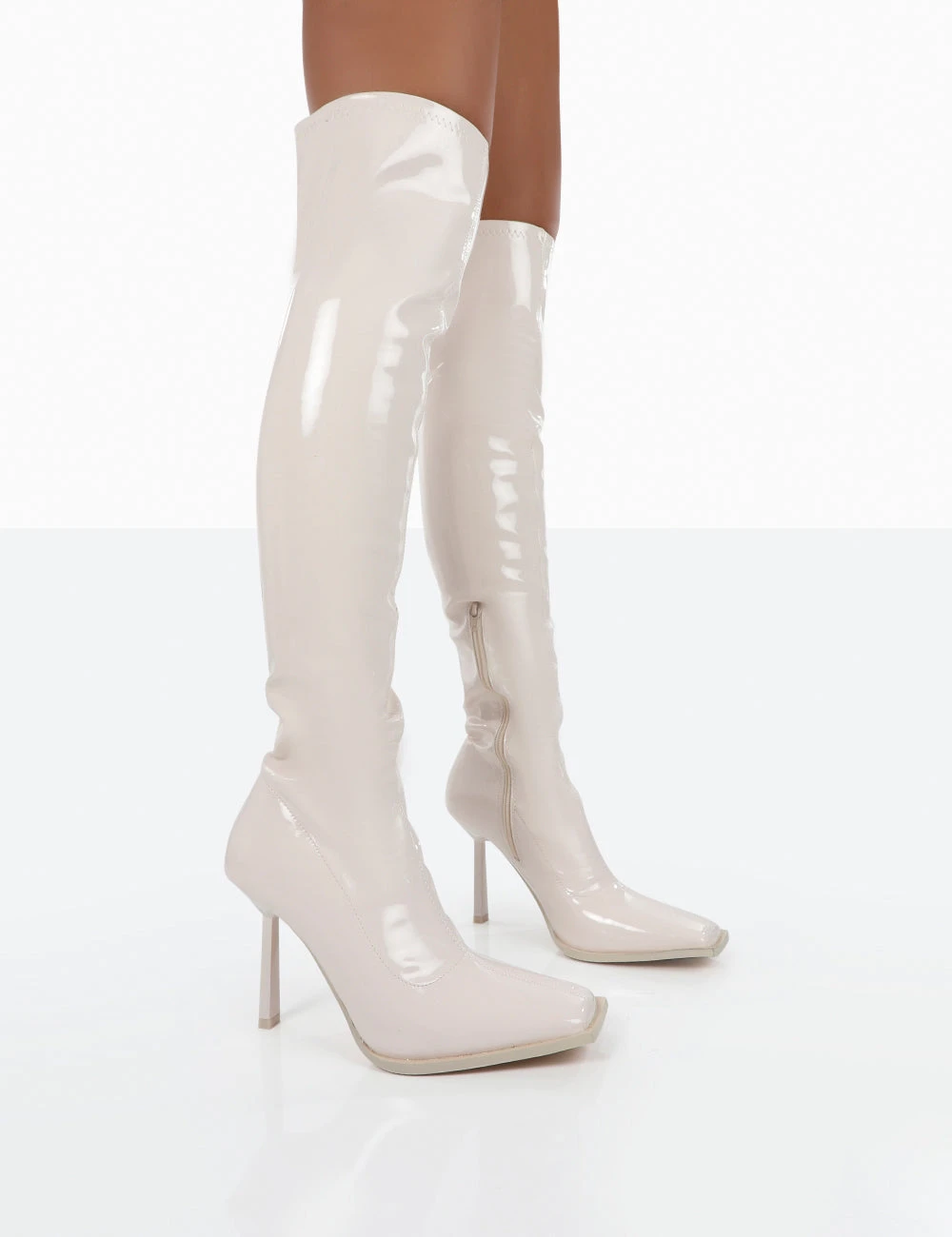 Jenine Ecru Patent Over The Knee Stiletto Heeled Boots 1 Jenine Ecru Patent Over The Knee Stiletto Heeled Boots