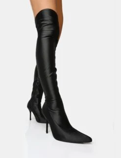 Instinct Black Lycra Pointed Toe Stiletto Thigh High Boots -Boots Store 17