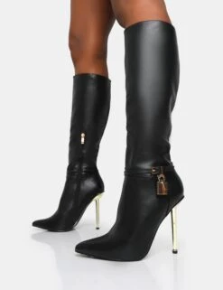 Jayden Black Pu Padlock Detail Pointed Toe Gold Stiletto Heel Knee High Boots -Boots Store 1copy 1e6ed5d1 5c11 4105 88f3 9a980d32f63d