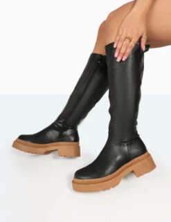 Jersey Black Pu Contrasting Chunky Sole Knee High Boots 7 Jersey Black Pu Contrasting Chunky Sole Knee High Boots -Boots Store 2 2dc84ecb 9660 41ea bcd2 00994048b057