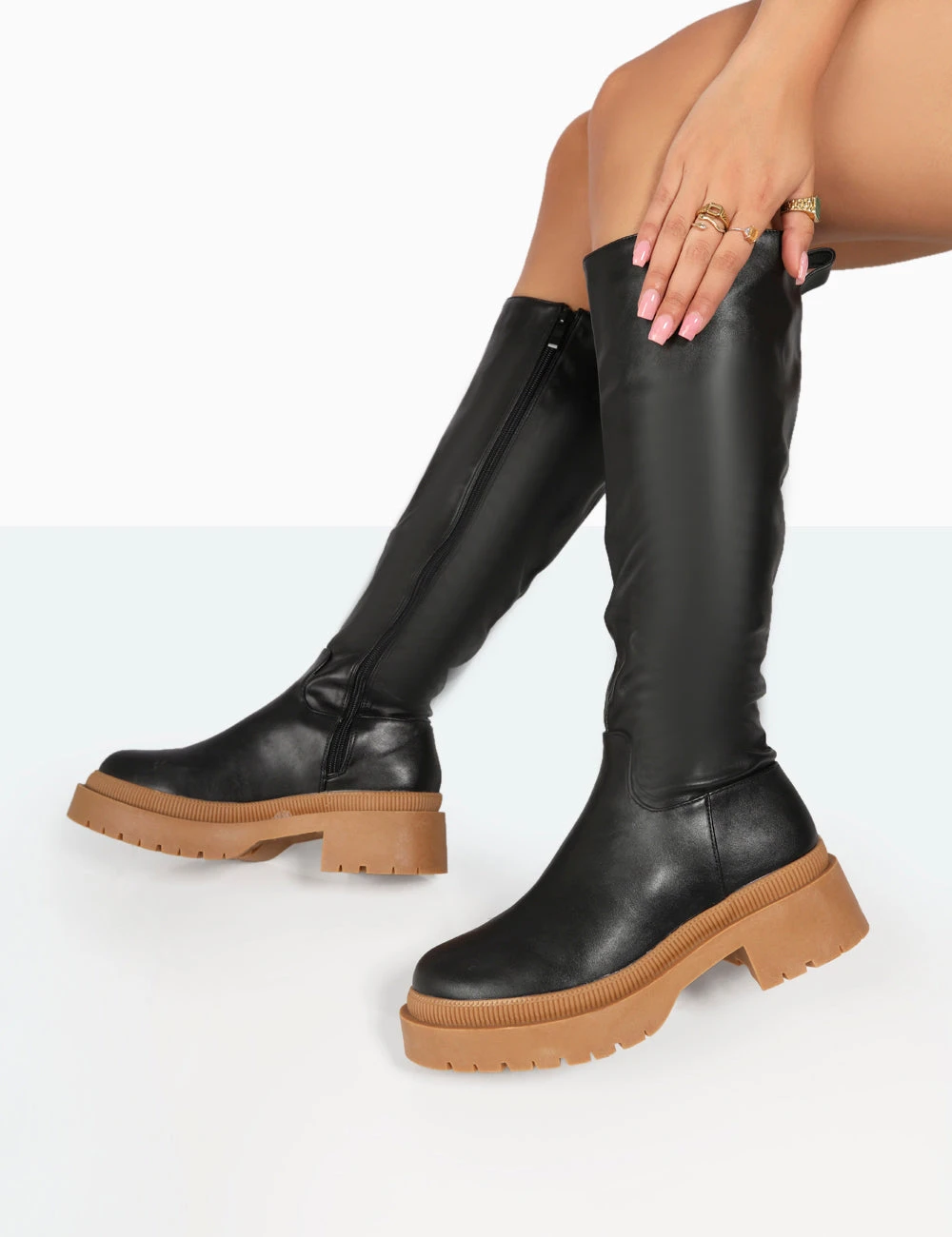 Jersey Black Pu Contrasting Chunky Sole Knee High Boots 4 Jersey Black Pu Contrasting Chunky Sole Knee High Boots - Image 4