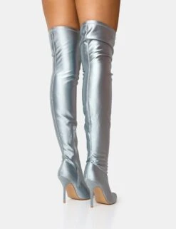 Instinct Silver Lycra Pointed Toe Stiletto Thigh High Boots -Boots Store 2 f7d403a9 ab5c 44df 82ed 3c5f9ba32f0b