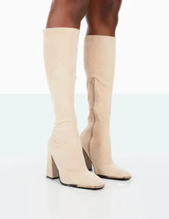 Boots Store 23 Caryn Taupe Faux Suede Knee High Block Heeled Boots