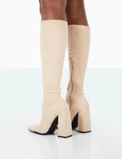 Caryn Taupe Faux Suede Knee High Block Heeled Boots -Boots Store 31.08PDECOM0671
