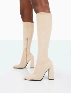Caryn Taupe Faux Suede Knee High Block Heeled Boots -Boots Store 31.08PDECOM0673