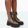 Refresh Mocha PU Nylon Lace Up Platform Chunky Sole Ankle Boots