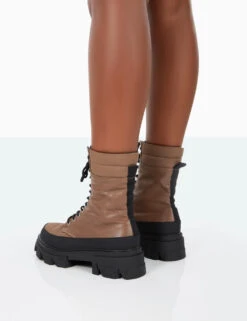 Refresh Mocha PU Nylon Lace Up Platform Chunky Sole Ankle Boots 6 Refresh Mocha PU Nylon Lace Up Platform Chunky Sole Ankle Boots -Boots Store 31.08PDECOM0677