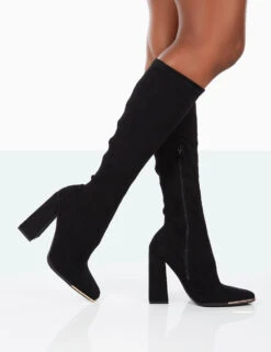 Caryn Black Faux Suede Knee High Block Heeled Boots -Boots Store 31.08PDECOM0680