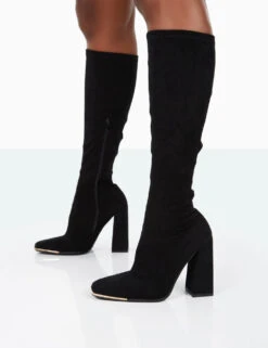 Caryn Black Faux Suede Knee High Block Heeled Boots -Boots Store 31.08PDECOM0685