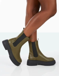 Barbie Dark Khaki Pu Platform Chunky Sole Chelsea Boots -Boots Store 31.08PDECOM0721