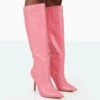 Best Believe Pink Croc Pointed Toe Heeled Stiletto Knee High Boots
