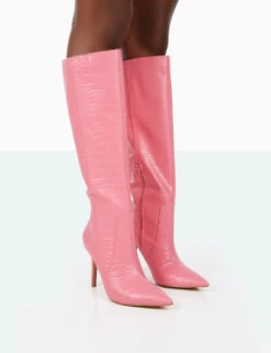 Boots Store 11 Best Believe Pink Croc Pointed Toe Heeled Stiletto Knee High Boots