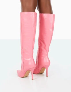 Best Believe Pink Croc Pointed Toe Heeled Stiletto Knee High Boots -Boots Store 31.08PDECOM0748
