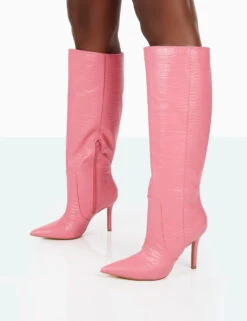 Best Believe Pink Croc Pointed Toe Heeled Stiletto Knee High Boots -Boots Store 31.08PDECOM0750