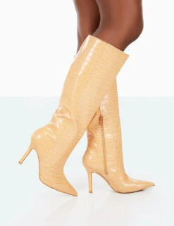 Best Believe Caramel Croc Pointed Toe Stiletto Heeled Knee High Boots -Boots Store 31.08PDECOM0751